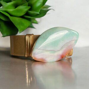 Rustic Brass Cuff Bracelet With Agate Stone Accent Women Gift For Her Boho READ